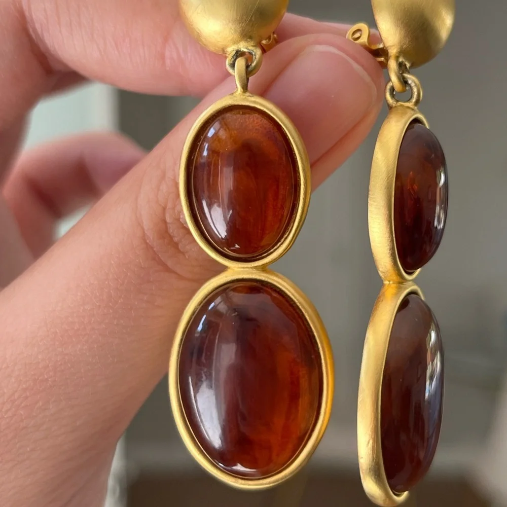Vintage Givenchy Amber Resin Cabochon Drop Dangle Matte Gold Long Clip Earrings - Picture 2 of 12